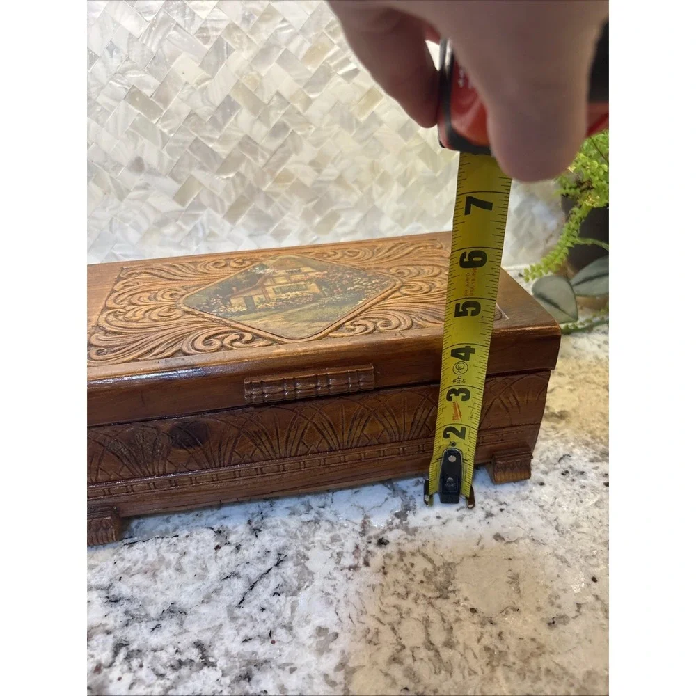 Vintage carved top mini‎ Chest Trinket Box Cottage Flowers Letters Trinkets